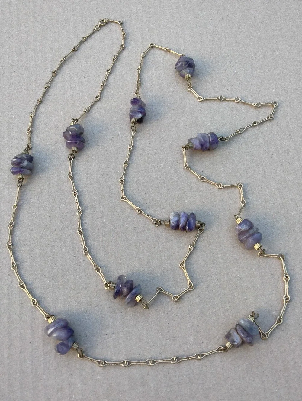 Vintage Gold Color Chain Necklace with Purple Amethyst Bead Accents